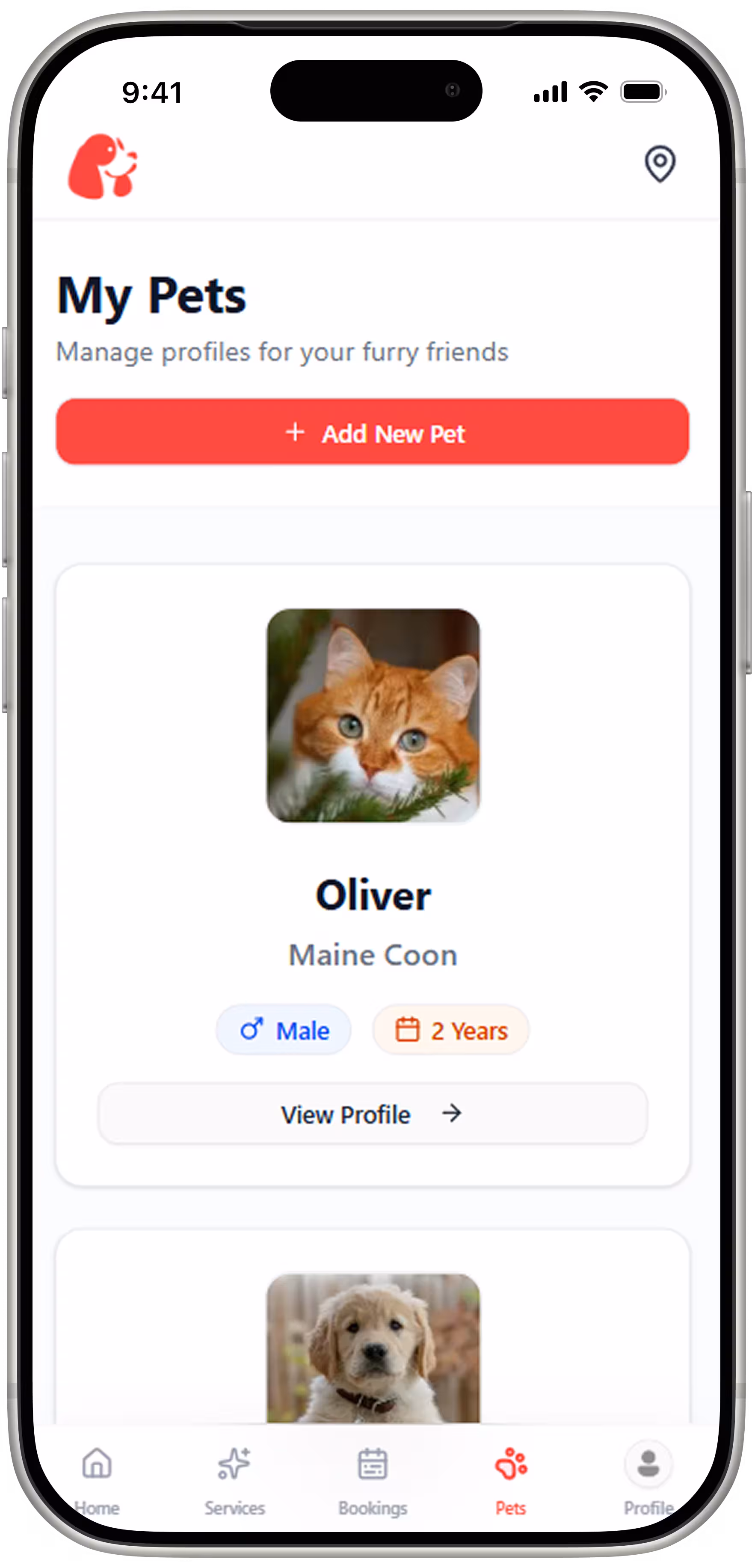 Digital Pet Portfolio: A visually engaging management hub where owners can add and oversee multiple pets, complete with photos and breed information, creating a personalized experience for multi-pet households.
